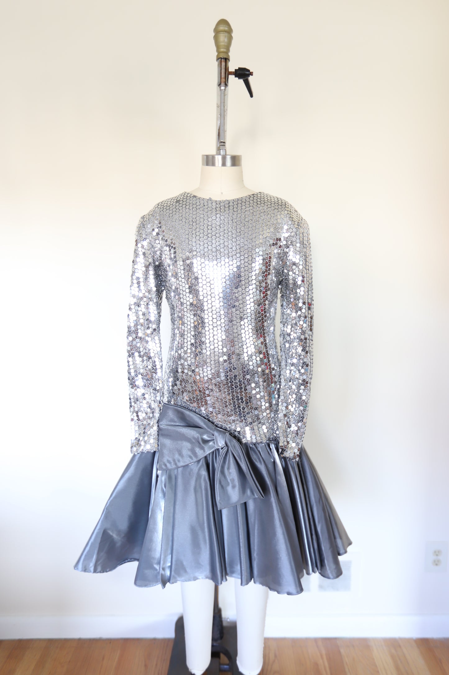 1970s Vintage Studio 54 Long Sleeve Sequin Deep-V Back Drop Hem Tafetta Dress W/Accent Bow