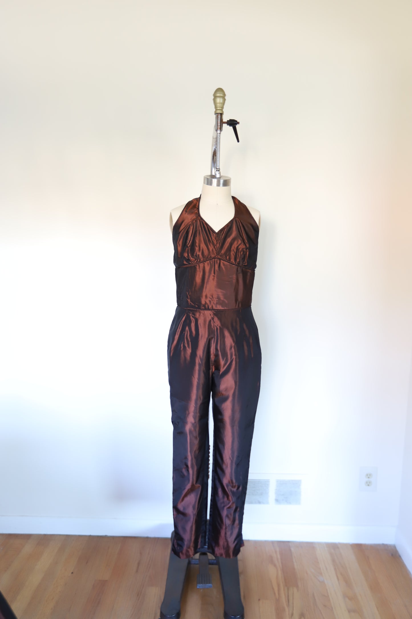 80s Vintage Bronze Taffeta Jumpsuit With Swing Jacket