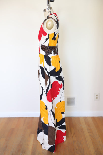1960s Tori Ridaard Honolulu Floral Mosaic Waffle Dress