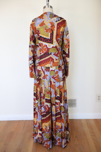 1970s Custom Made Printed Button Down Drop Waist Silk Dress