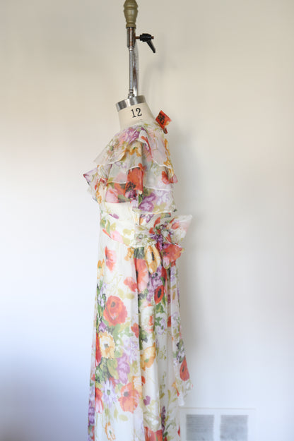 1960s/70s Vintage Handmade Floral Ruffle Tie Back Maxi Dress