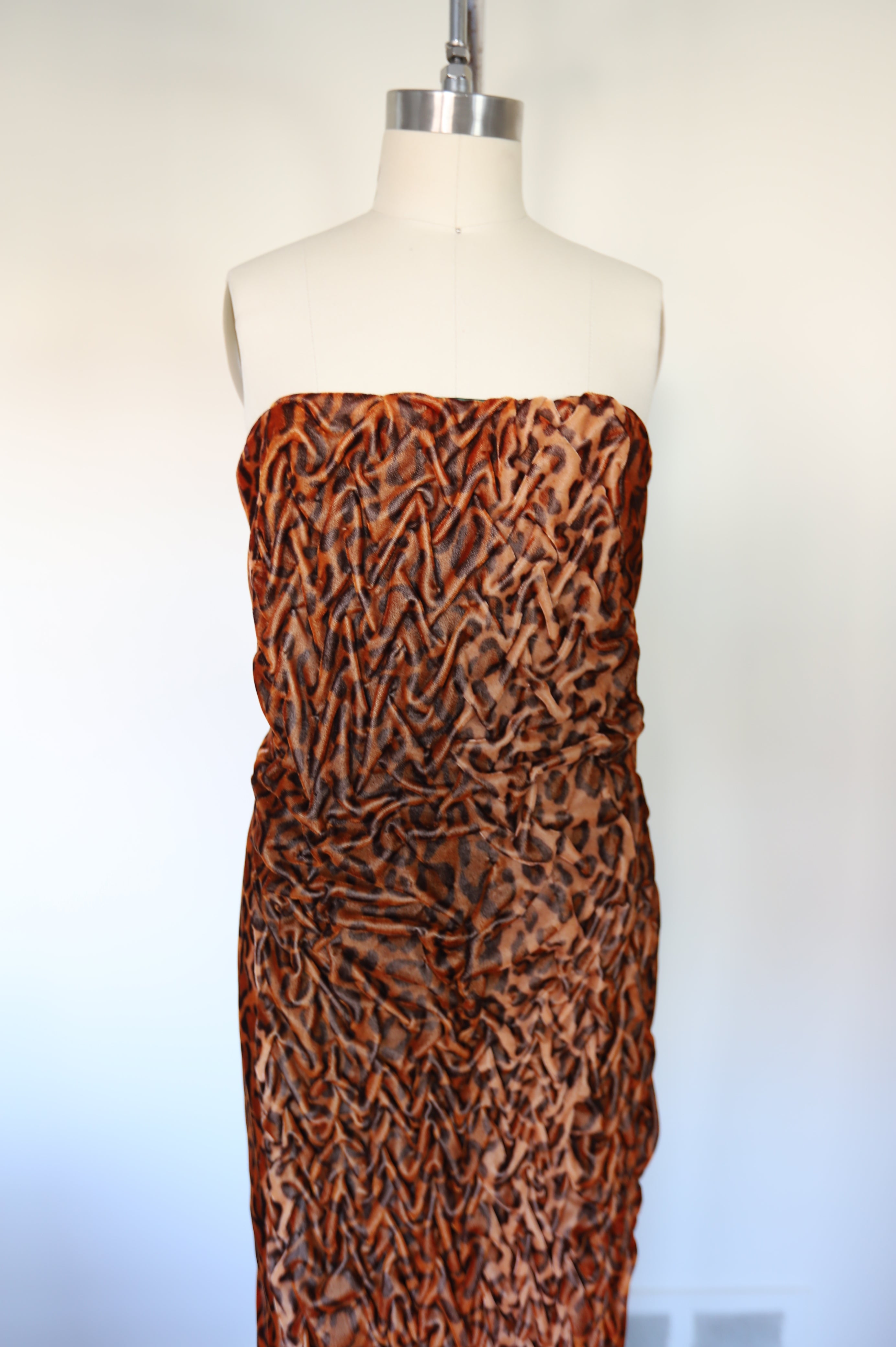 80s Vintage Strapless Studio 54 Ruched Pencil Midi Velvet Cheetah Dress