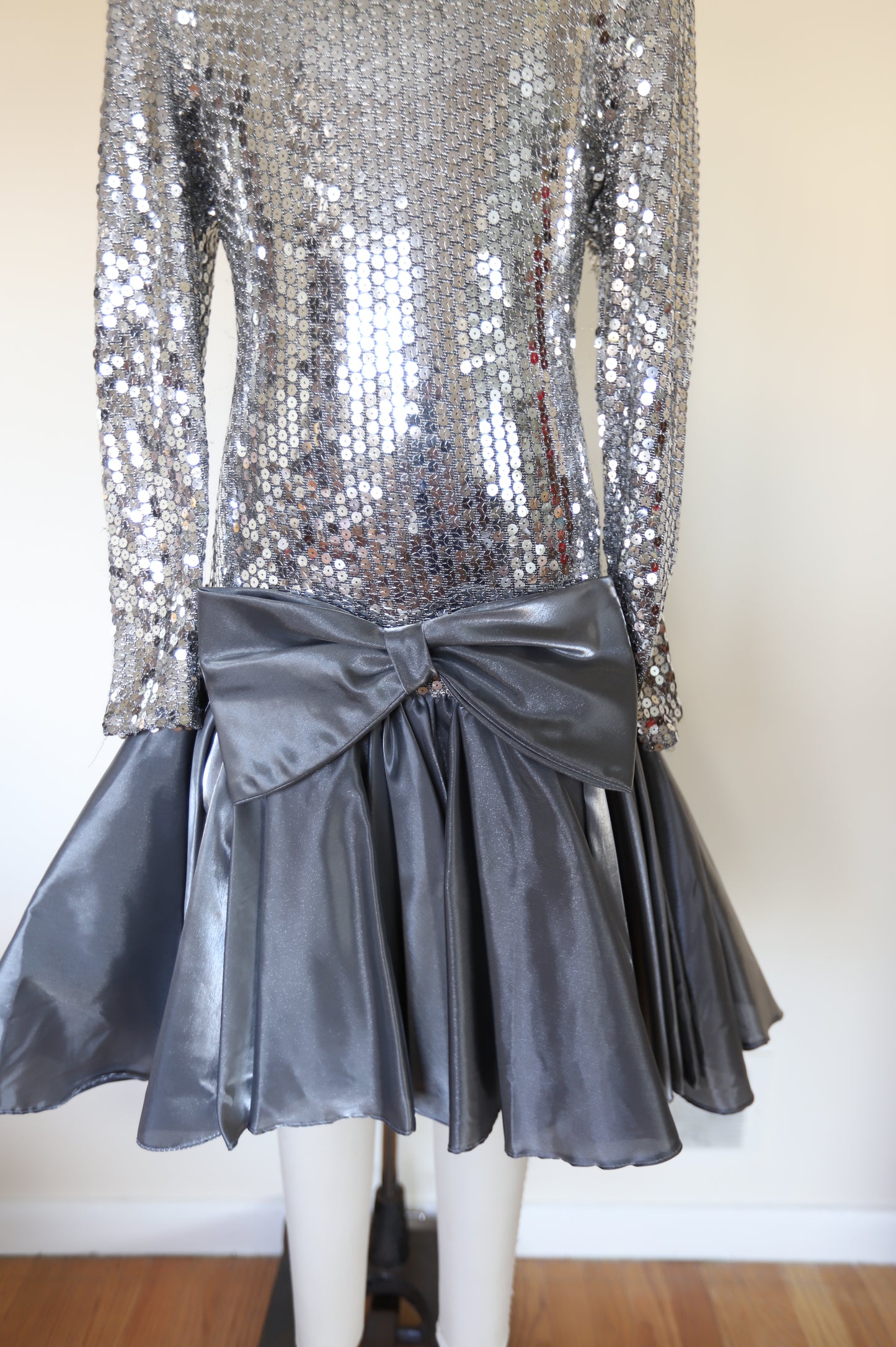 1970s Vintage Studio 54 Long Sleeve Sequin Deep-V Back Drop Hem Tafetta Dress W/Accent Bow