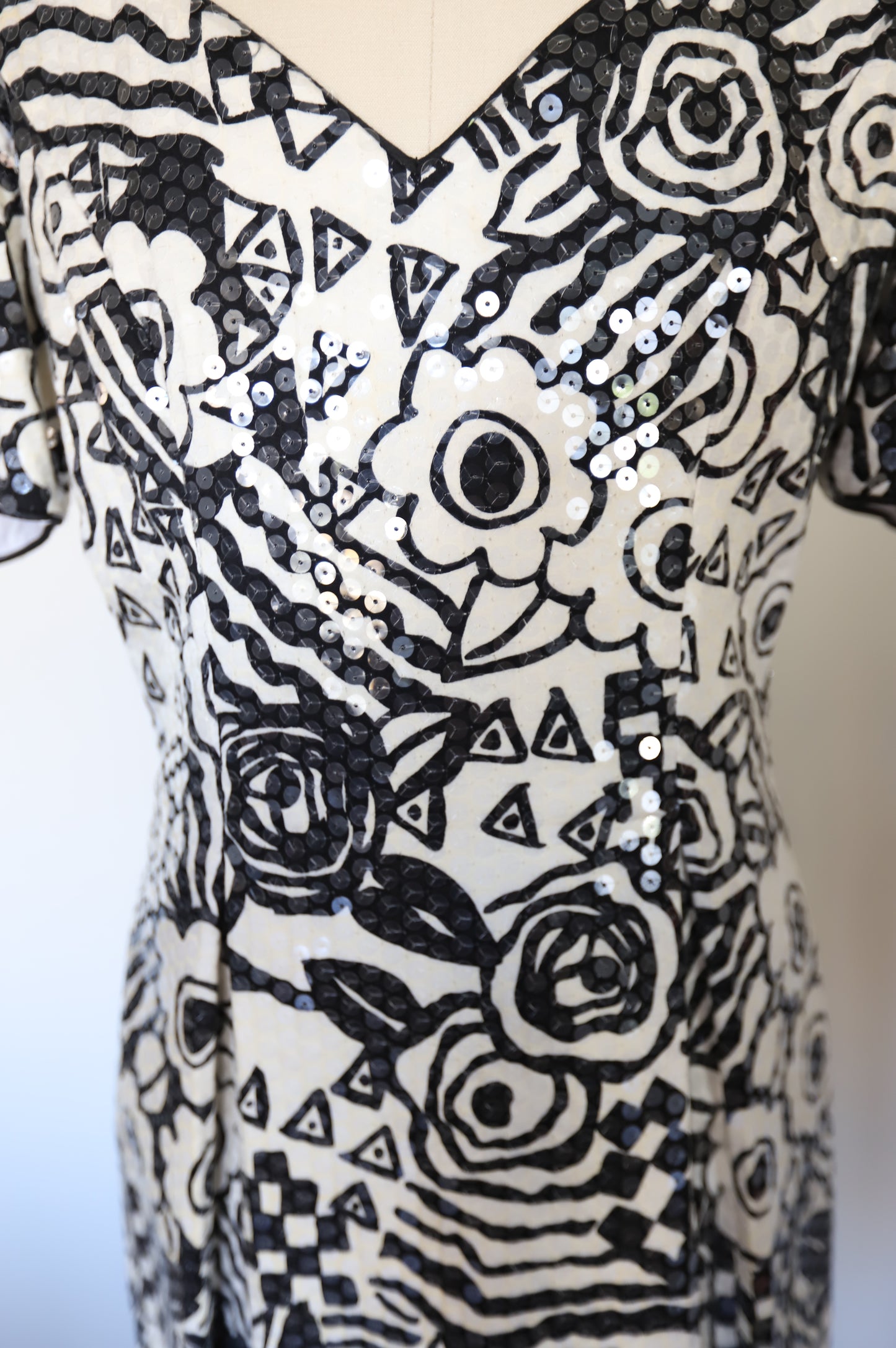 80s Vintage Studio 54 Rock-ability Style Floral/Geo Print Sequin Cut-Out Puff Sleeve Dress