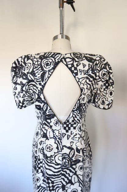 80s Vintage Studio 54 Rock-ability Style Floral/Geo Print Sequin Cut-Out Puff Sleeve Dress