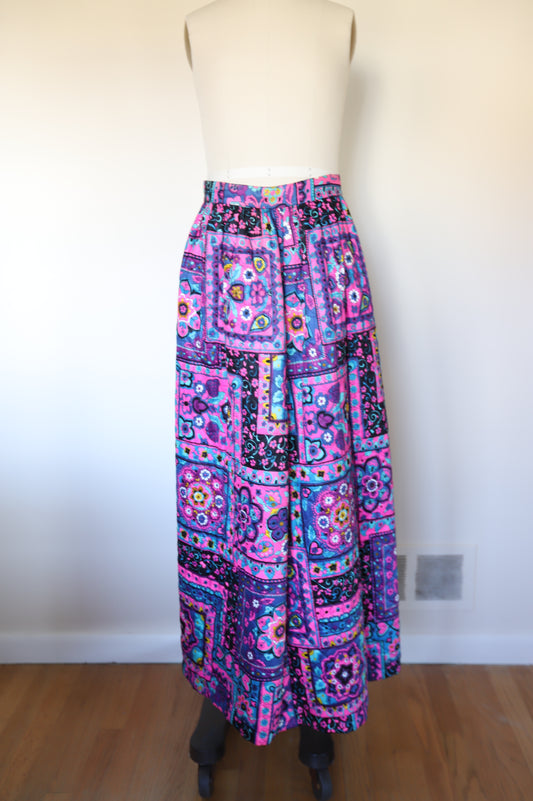 1960s Vintage Handmade Quilted Psychedelic Paisley Maxi Skirt