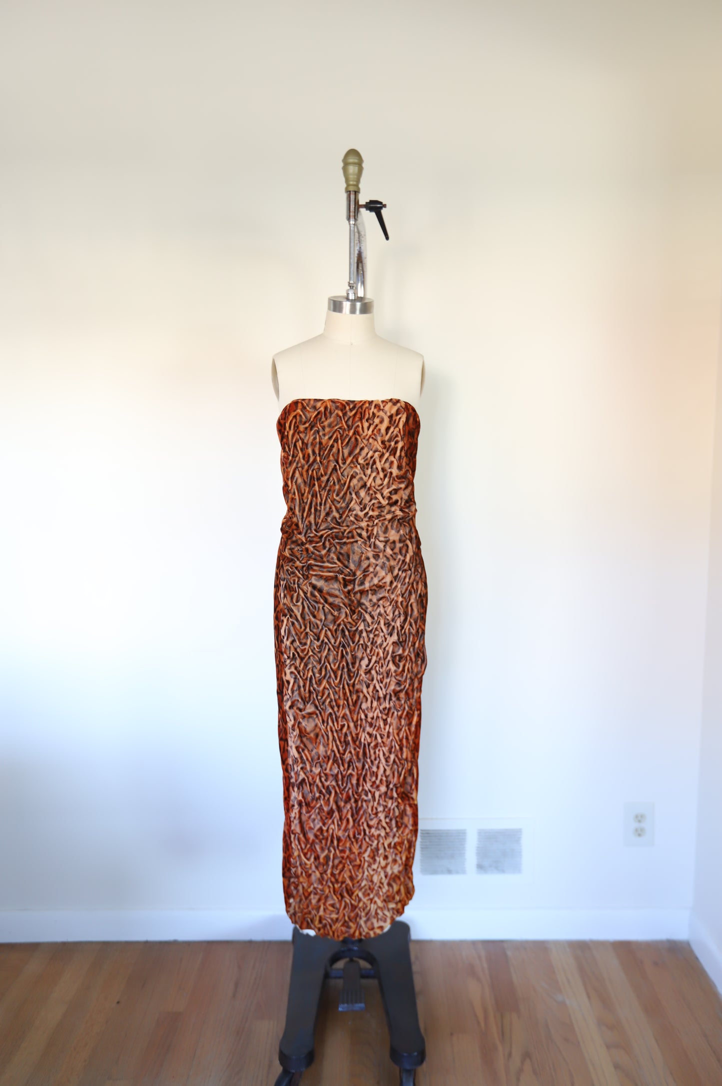 80s Vintage Strapless Studio 54 Ruched Pencil Midi Velvet Cheetah Dress