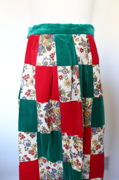 1970s Vintage Velvet Patchwork Christmas Skirt