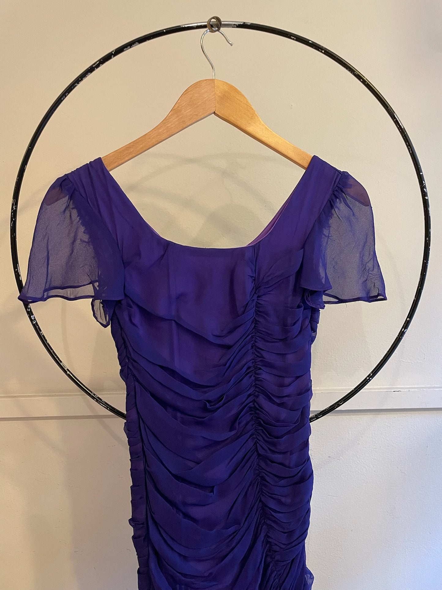 80s/90s Handmade Silk Ruched Dress With Ruffles Throughout