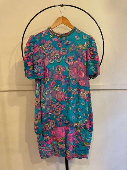 80s Judith Ann Silk Beaded Floral Puff Sleeve Dress