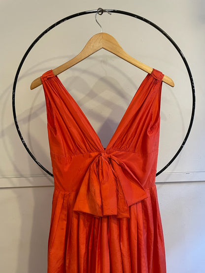 60s Empire Waist Silk Dress W/Bow Detail And Full Pleated Skirt