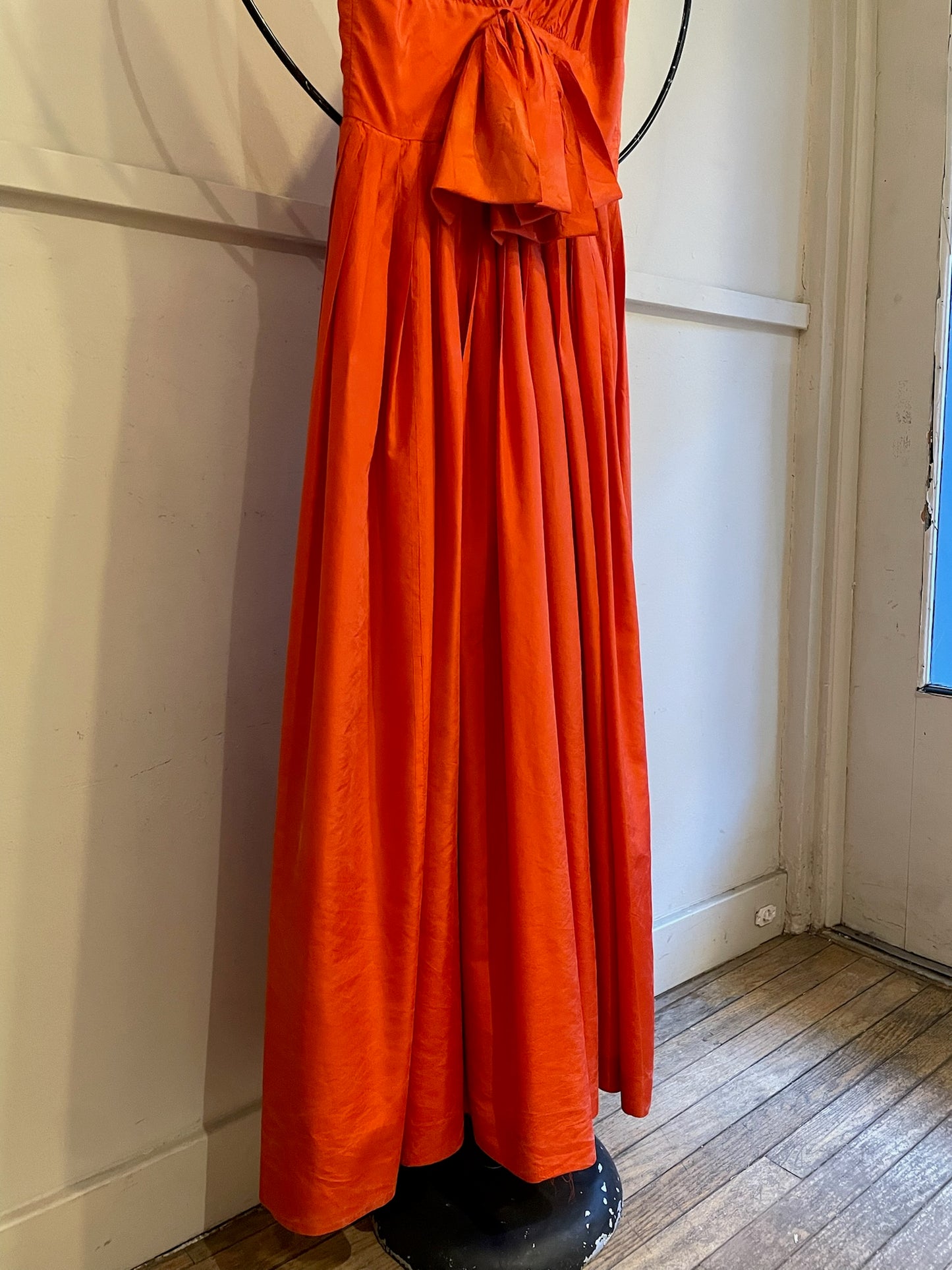 60s Empire Waist Silk Dress W/Bow Detail And Full Pleated Skirt