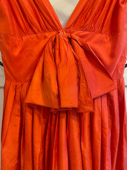 60s Empire Waist Silk Dress W/Bow Detail And Full Pleated Skirt