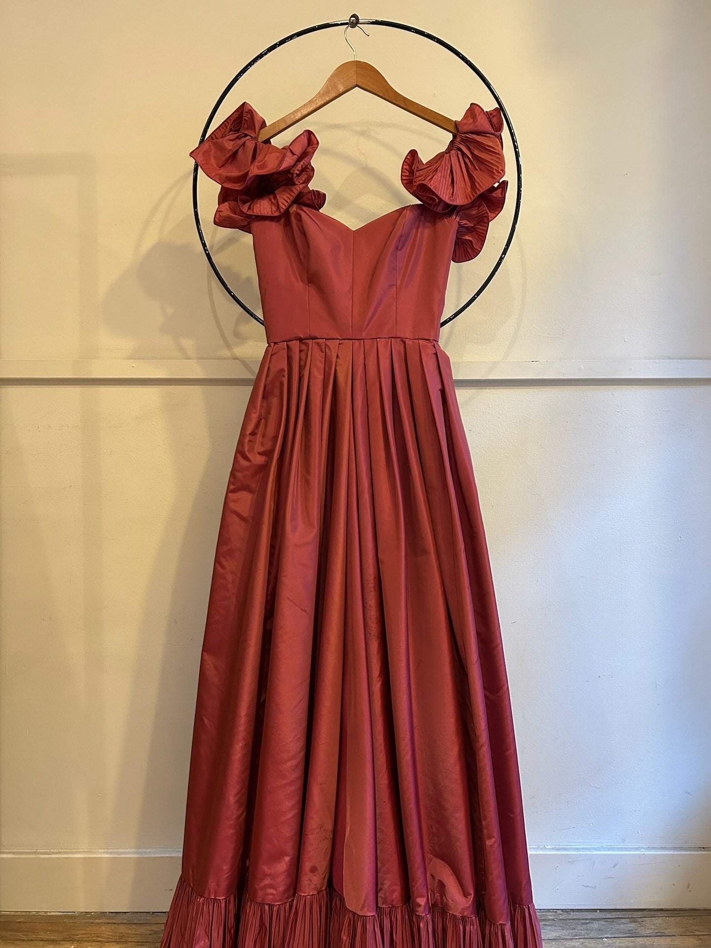 80s Victor Costa Ruffle Off The Shoulder Gown