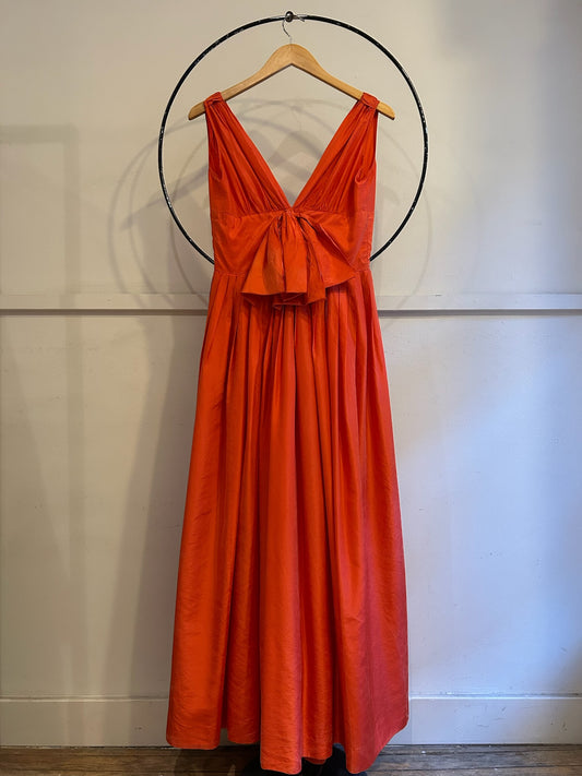 60s Empire Waist Silk Dress W/Bow Detail And Full Pleated Skirt