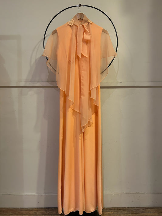 70s Maxi Dress W/Chiffon & Lace Cape