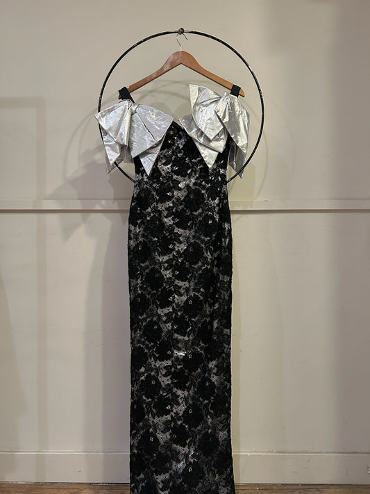 80s Metallic Silver Lace Gown With Accent Bow Shoulder Detail