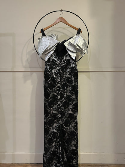 80s Metallic Silver Lace Gown With Accent Bow Shoulder Detail