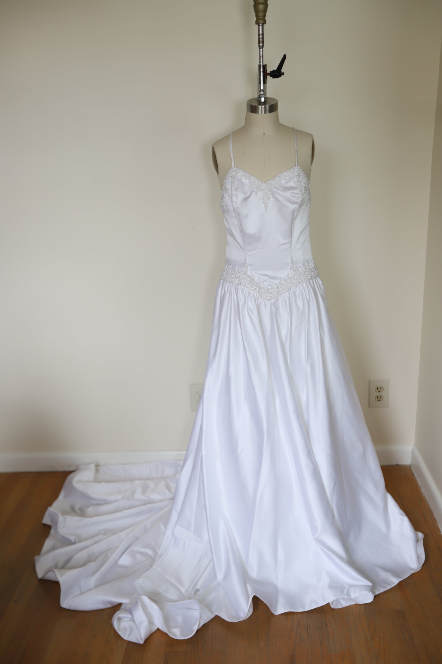 80s Pearl Beaded Basque Waist Cross Back Gown with Train