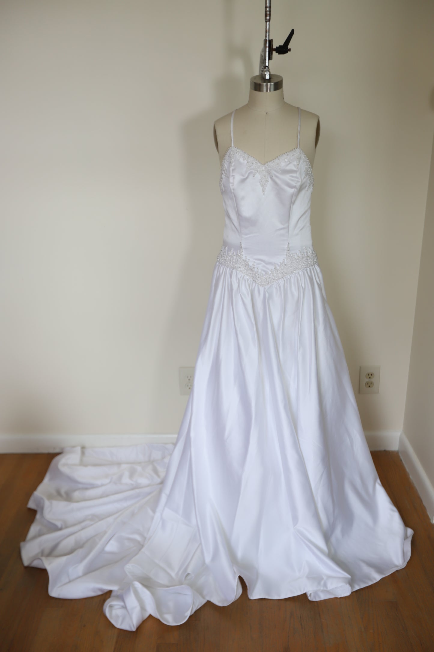 80s Pearl Beaded Basque Waist Cross Back Gown with Train