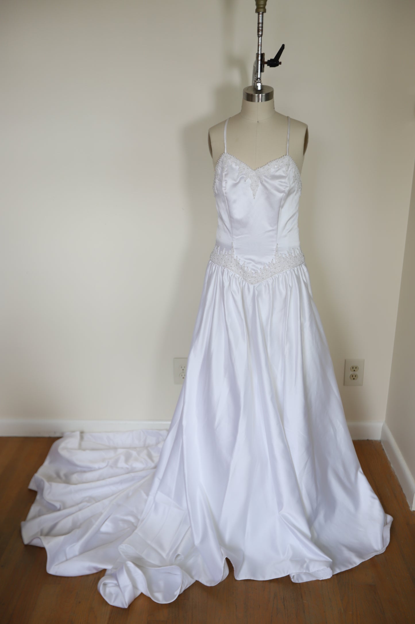 80s Pearl Beaded Basque Waist Cross Back Gown with Train