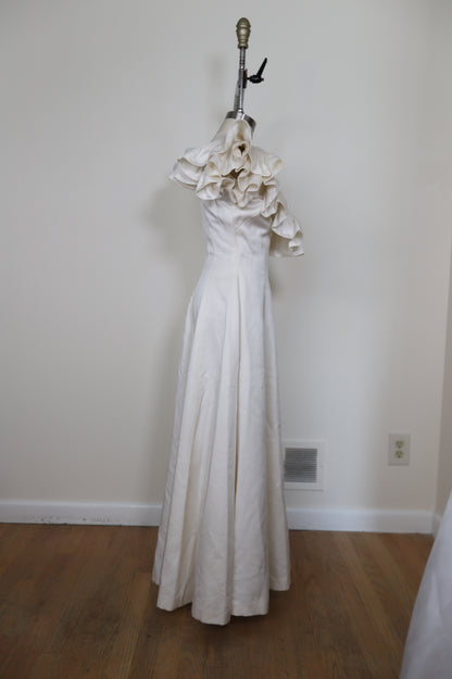 1960's Ruffle Scoop Neck A Line Gown