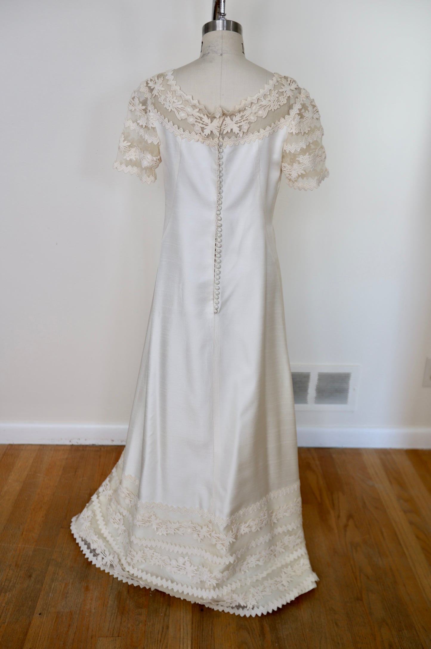 1960's Silk Lace Mesh Accented Gown With Removable Train & Veil