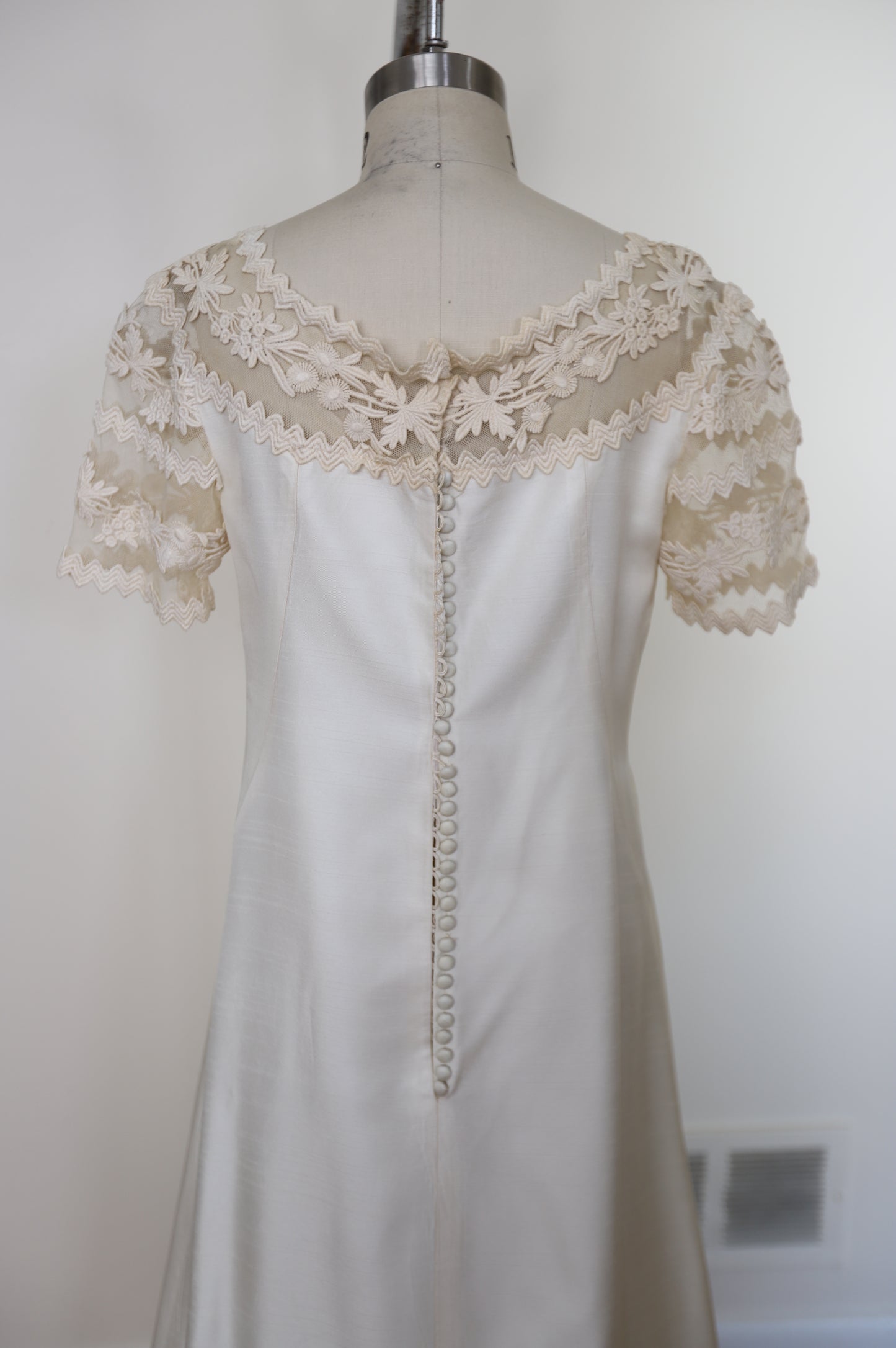 1960's Silk Lace Mesh Accented Gown With Removable Train & Veil