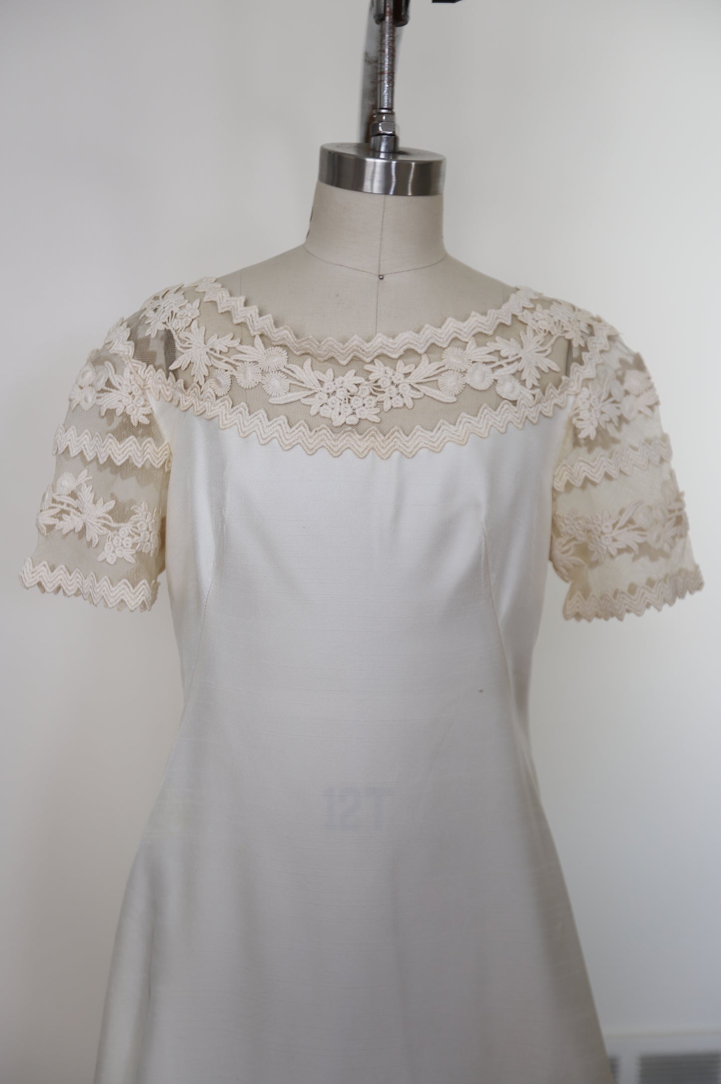 1960's Silk Lace Mesh Accented Gown With Removable Train & Veil