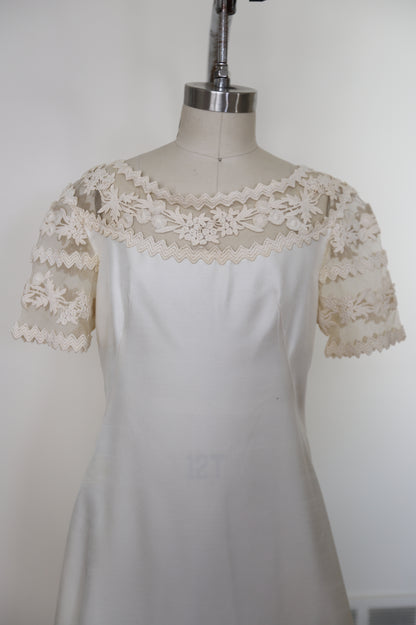1960's Silk Lace Mesh Accented Gown With Removable Train & Veil