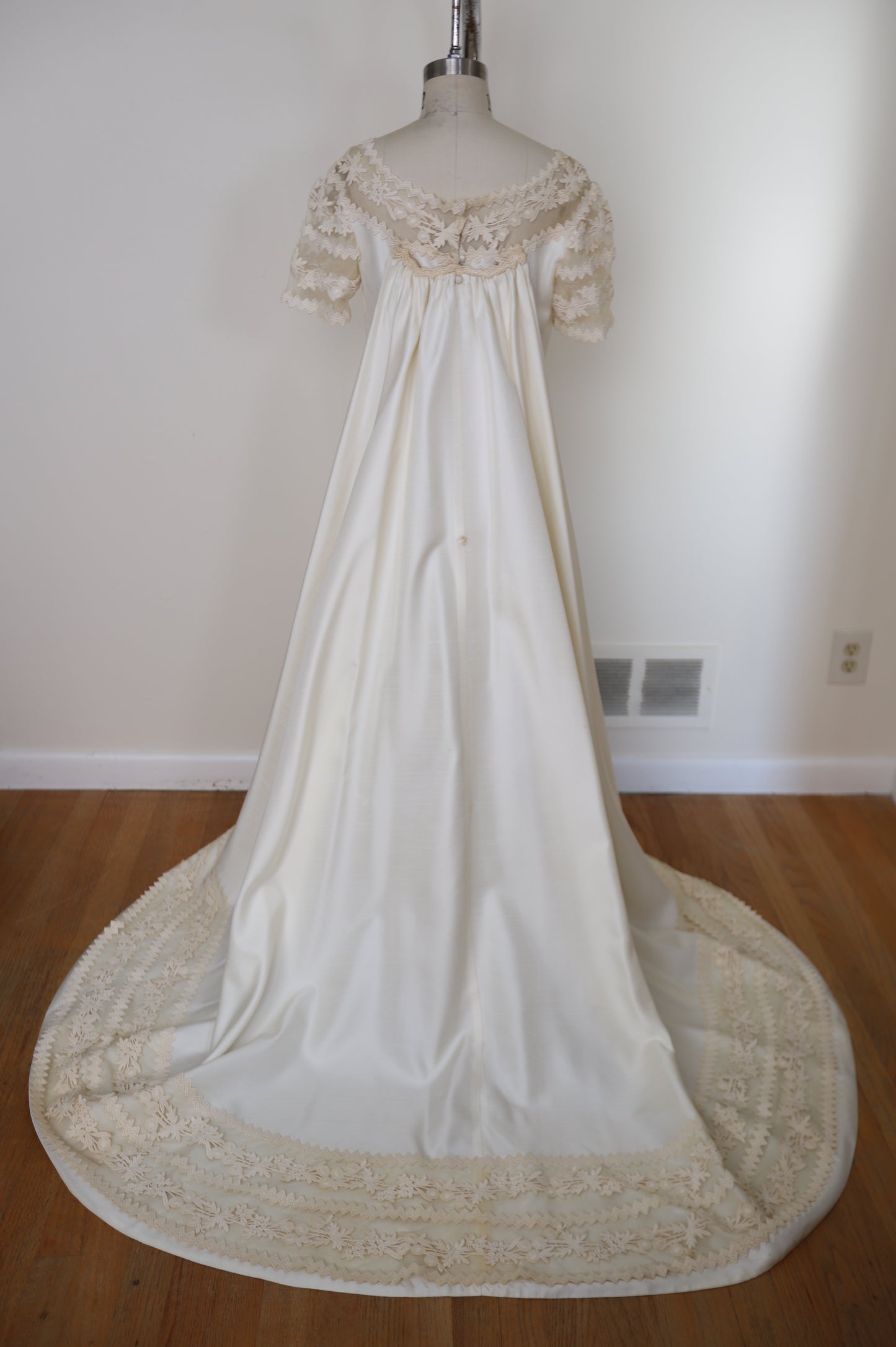 1960's Silk Lace Mesh Accented Gown With Removable Train & Veil