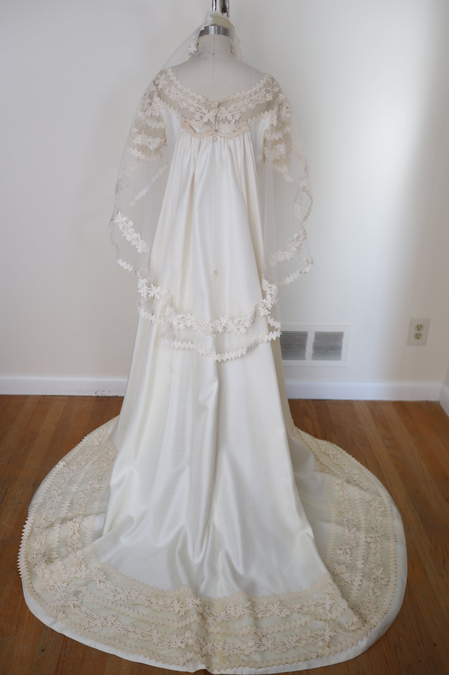 1960's Silk Lace Mesh Accented Gown With Removable Train & Veil