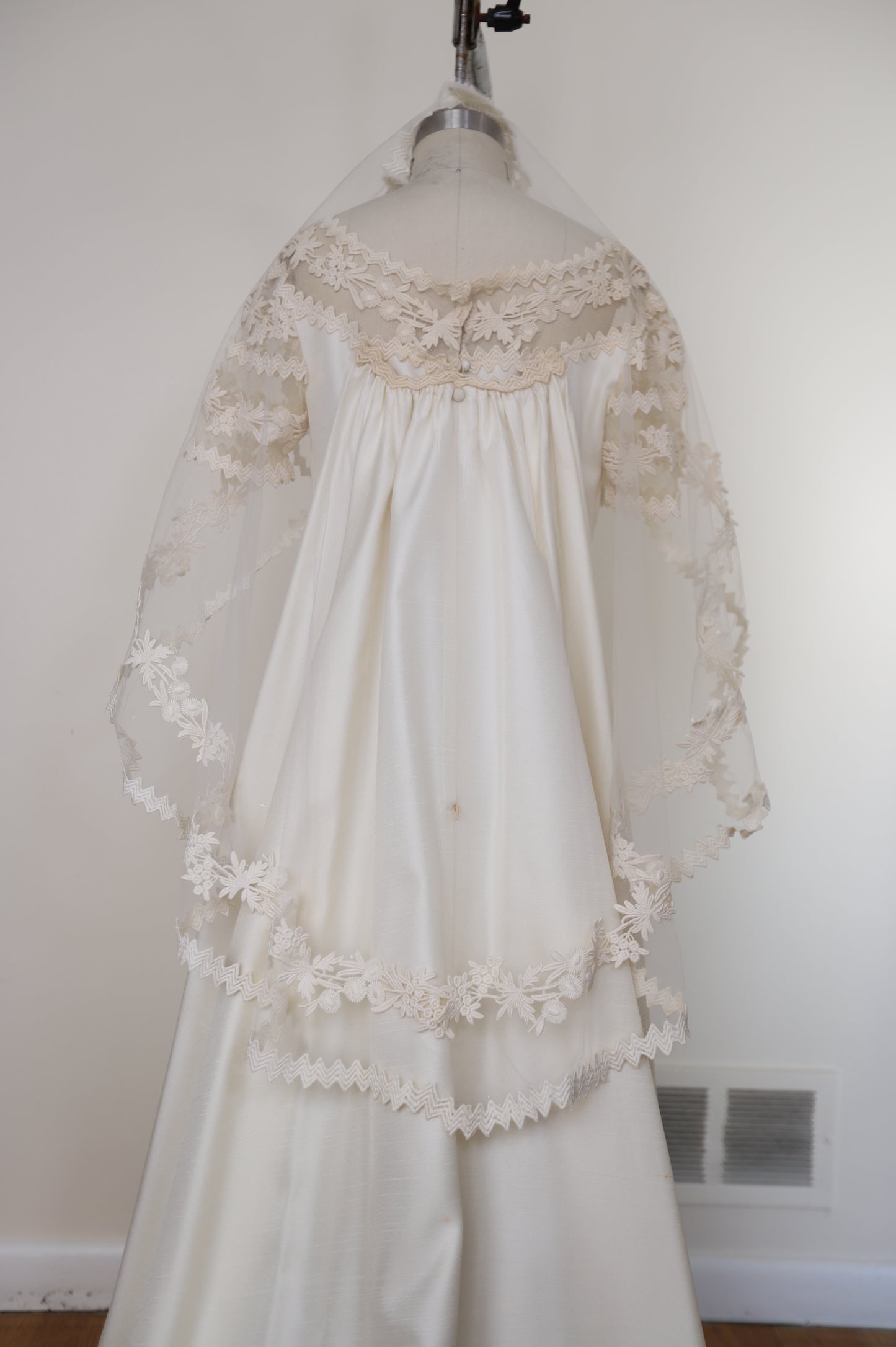 1960's Silk Lace Mesh Accented Gown With Removable Train & Veil
