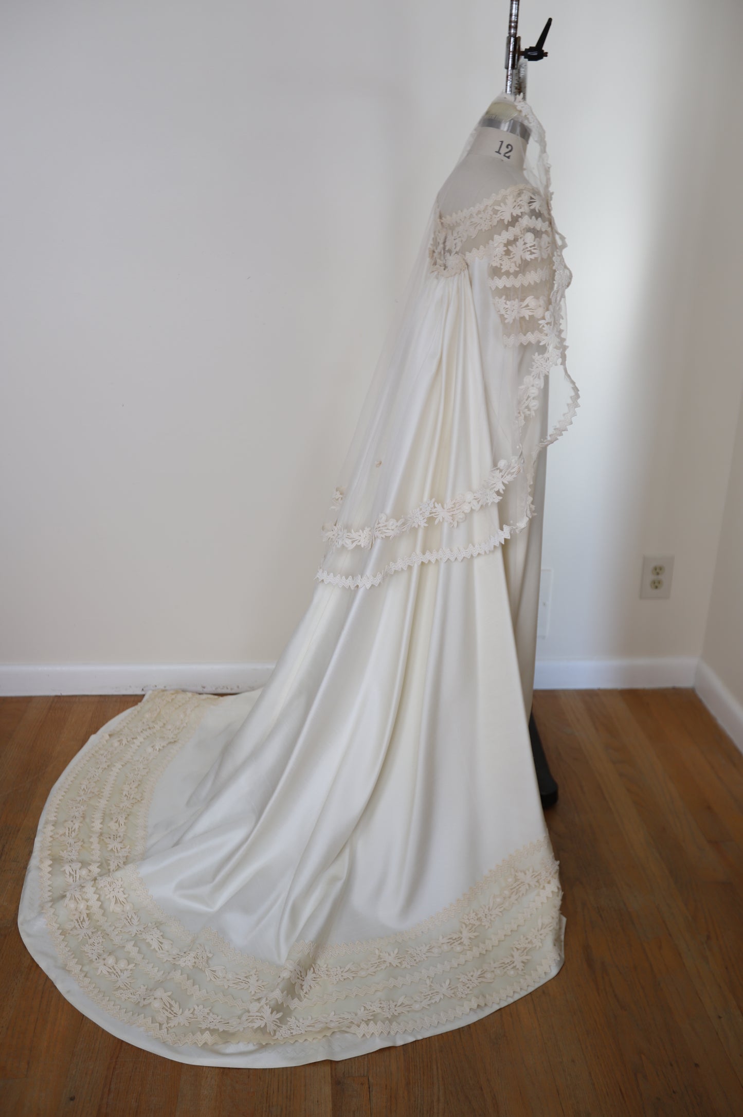 1960's Silk Lace Mesh Accented Gown With Removable Train & Veil