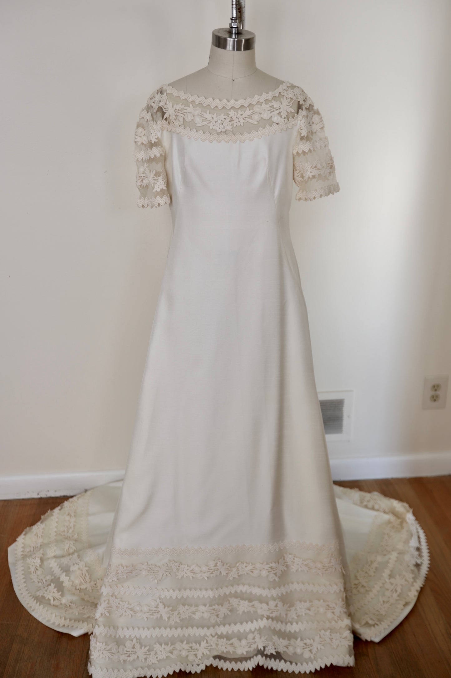 1960's Silk Lace Mesh Accented Gown With Removable Train & Veil