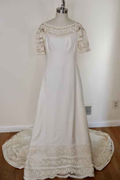 1960's Silk Lace Mesh Accented Gown With Removable Train & Veil
