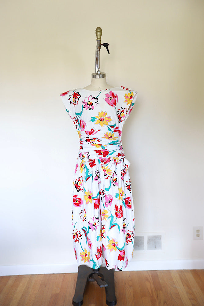 Vintage 1980s Boat Neck Hand Painted Flower Ruched Bow Dress