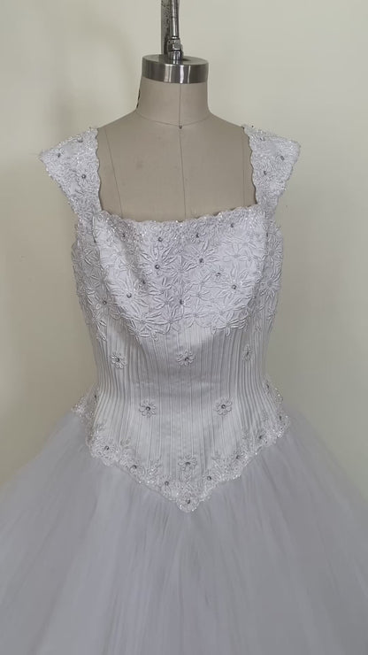 1990's Basque Waist Embroidered Corset Tulle Gown