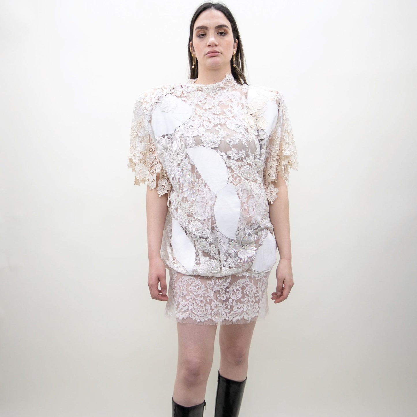 80s Puff Sleeve Lace & Pearl Mini Dress