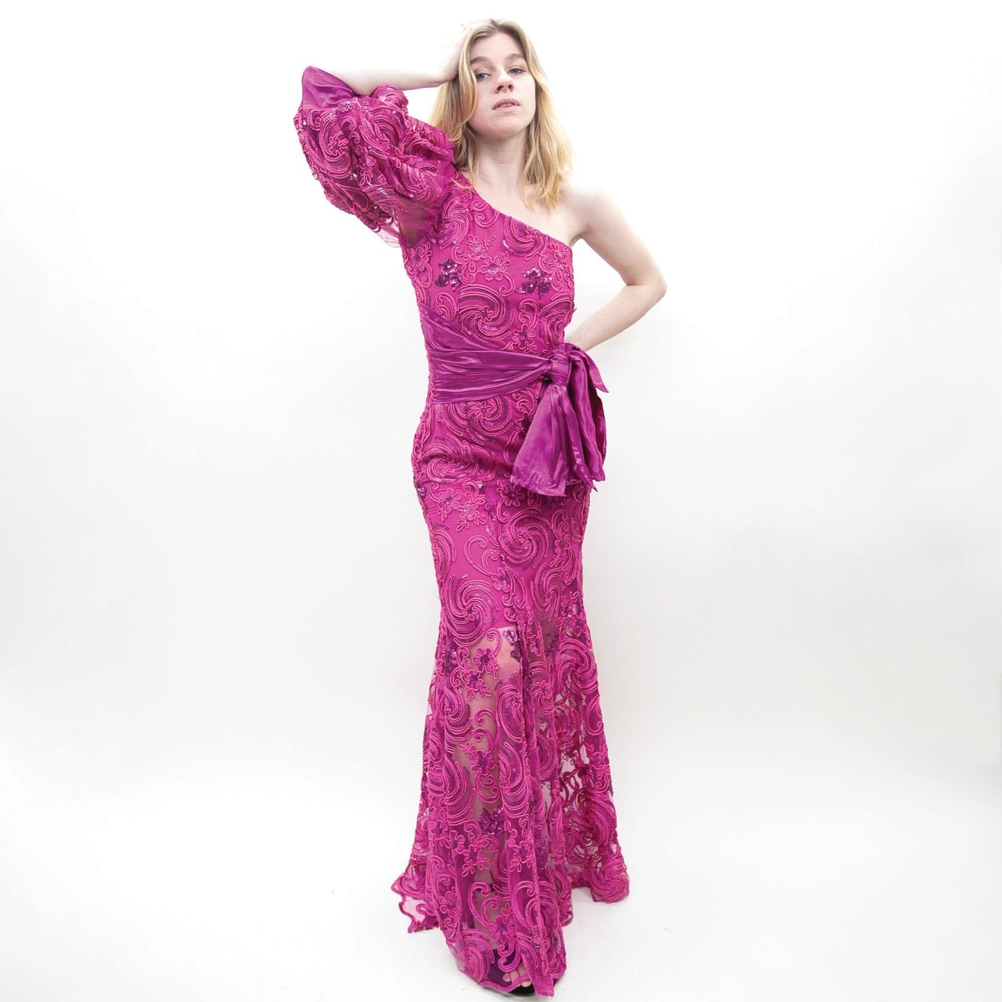 80s Handmade Fuchsia One Sleeve Gown