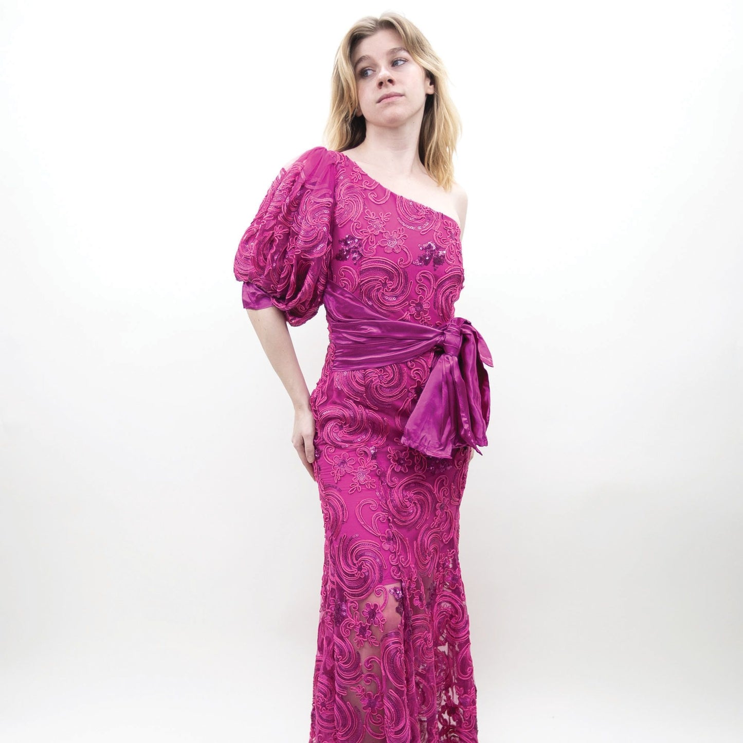 80s Handmade Fuchsia One Sleeve Gown