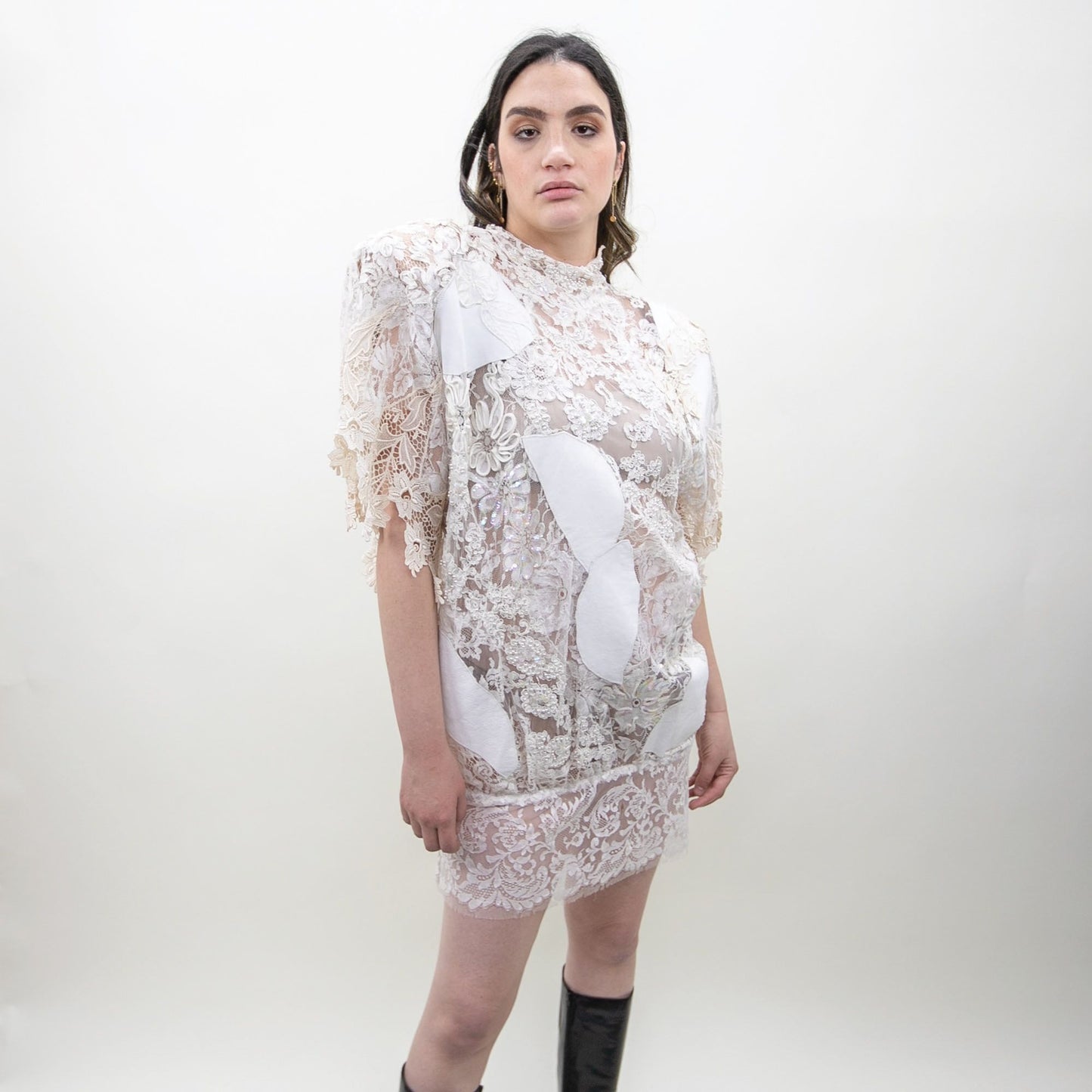 80s Puff Sleeve Lace & Pearl Mini Dress