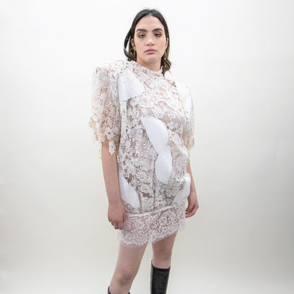 80s Puff Sleeve Lace & Pearl Mini Dress